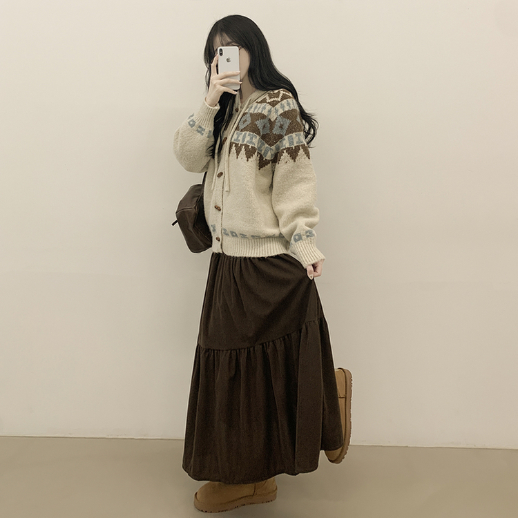 모리걸 아메카지 빈티지 골덴 밴딩 캉캉 롱스커트 밤색