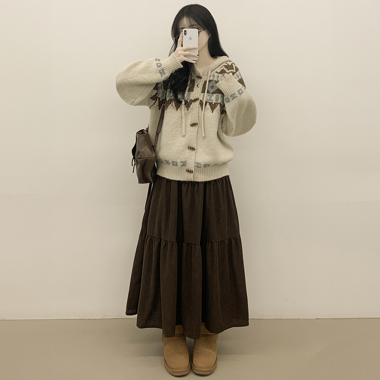 모리걸 아메카지 빈티지 골덴 밴딩 캉캉 롱스커트 밤색