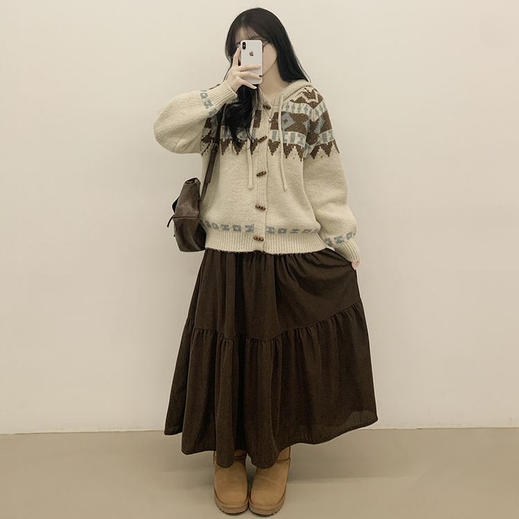 모리걸 아메카지 빈티지 골덴 밴딩 캉캉 롱스커트 밤색