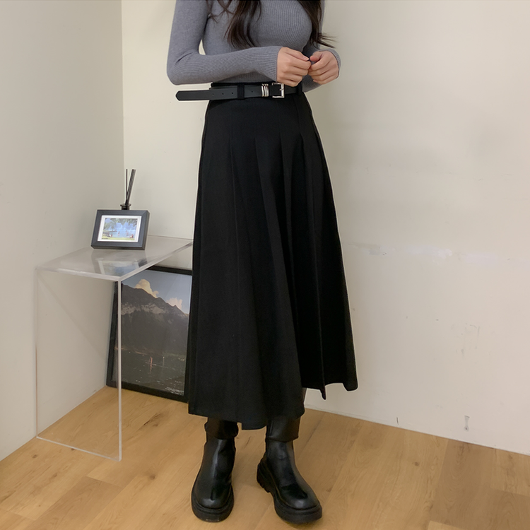 【ベルト付き】ラブリームードプリーツロングスカート BLACK
