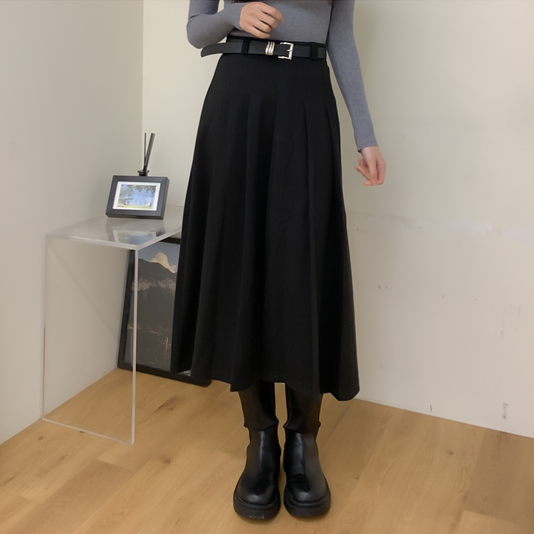 【ベルト付き】ラブリームードプリーツロングスカート BLACK