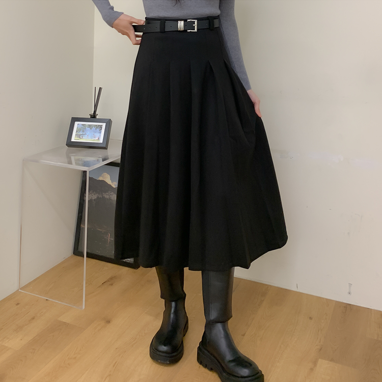 【ベルト付き】ラブリームードプリーツロングスカート BLACK