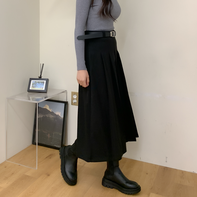 【ベルト付き】ラブリームードプリーツロングスカート BLACK