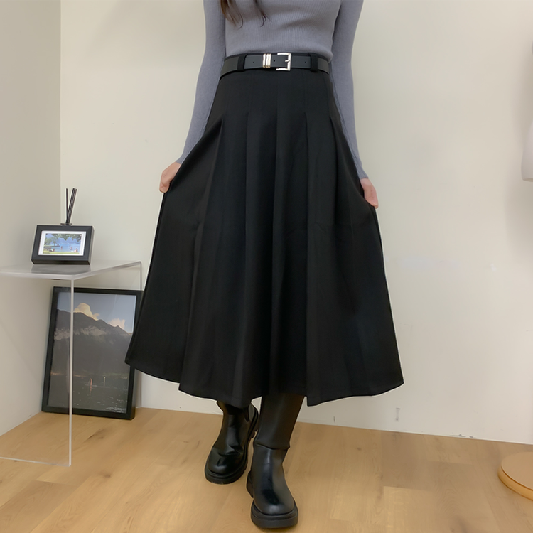 【ベルト付き】ラブリームードプリーツロングスカート BLACK
