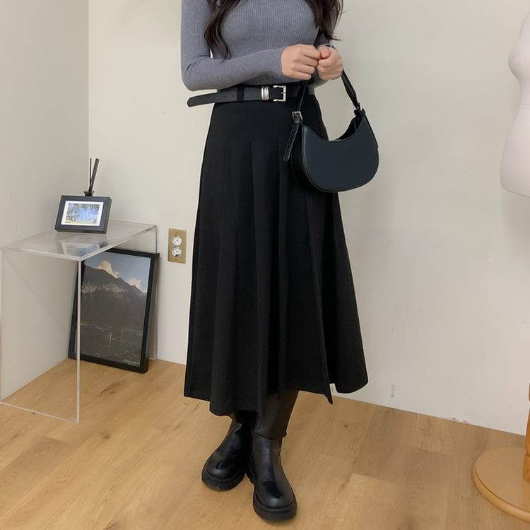 【ベルト付き】ラブリームードプリーツロングスカート BLACK