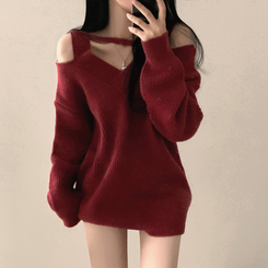 オフショルダーファスナーロングニットワンピース red