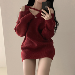 オフショルダーファスナーロングニットワンピース red