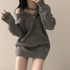 オフショルダーファスナーロングニットワンピース GREY