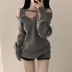 オフショルダーファスナーロングニットワンピース GREY