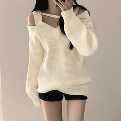 オフショルダーファスナーロングニットワンピース IVORY