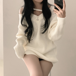 オフショルダーファスナーロングニットワンピース IVORY