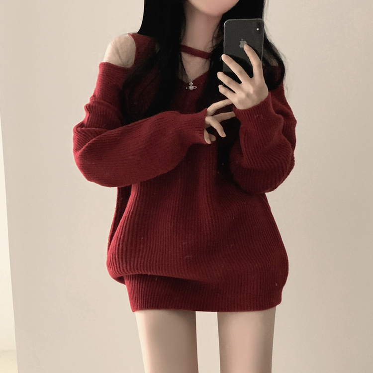 オフショルダーファスナーロングニットワンピース red