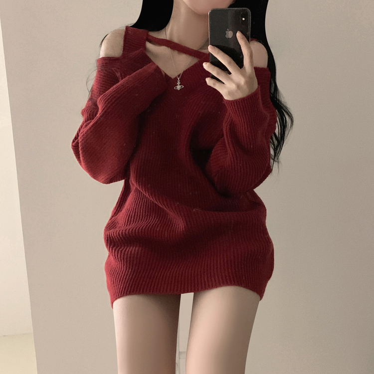 オフショルダーファスナーロングニットワンピース red