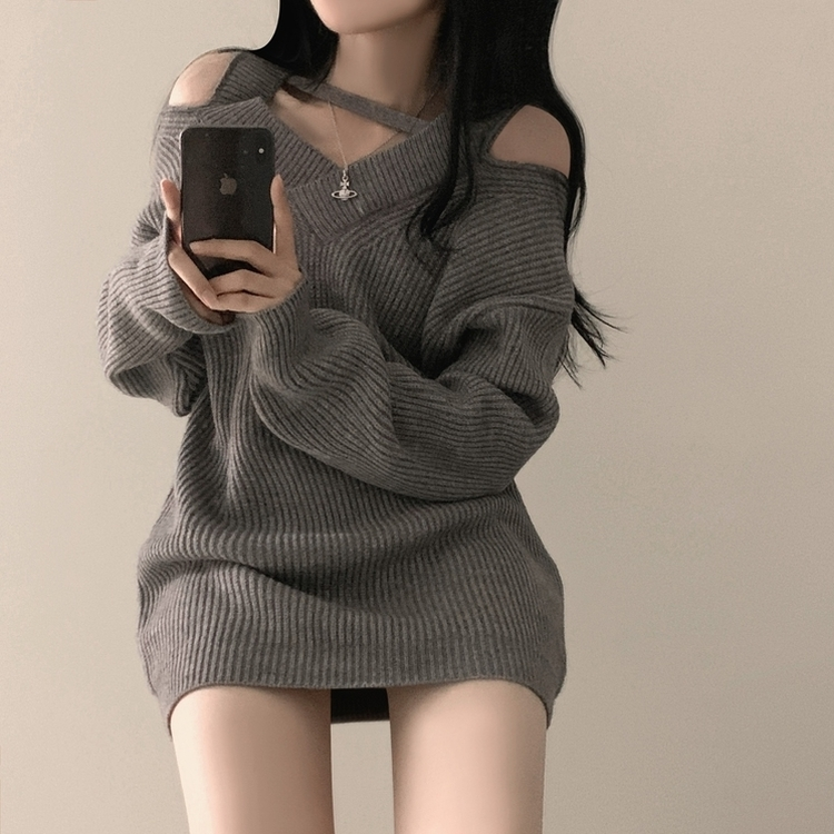 オフショルダーファスナーロングニットワンピース GREY