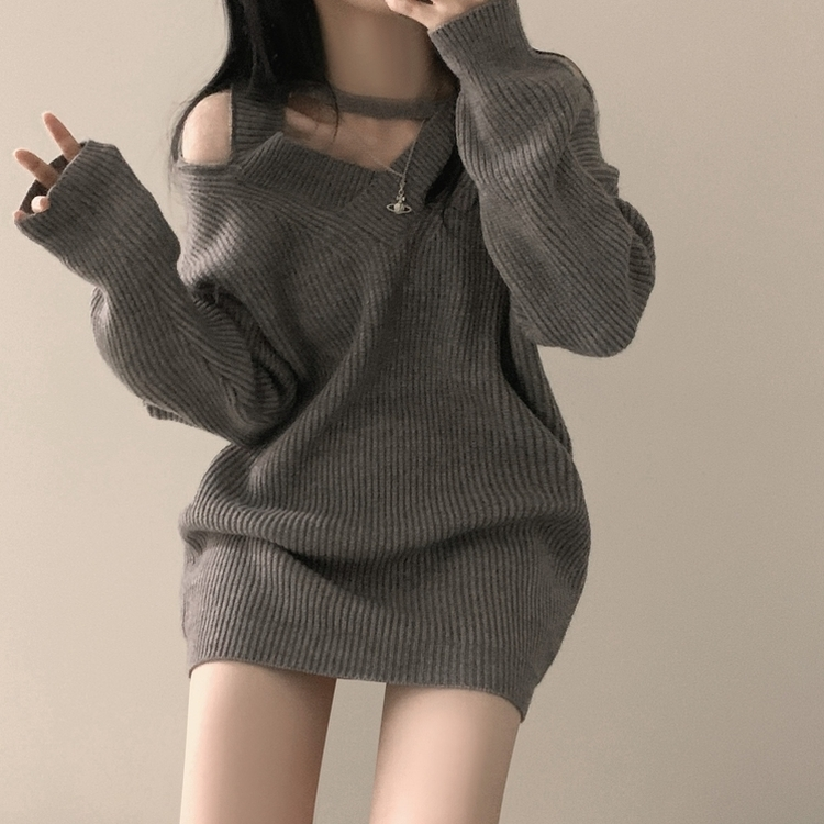 オフショルダーファスナーロングニットワンピース GREY