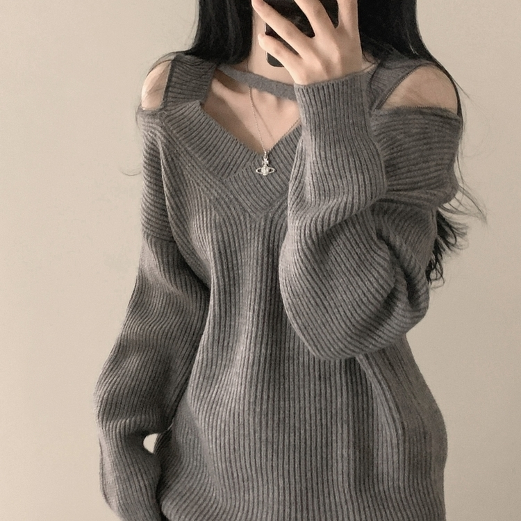 オフショルダーファスナーロングニットワンピース GREY