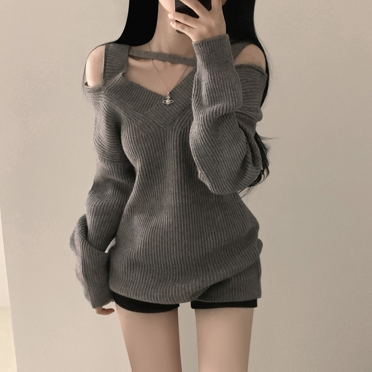 オフショルダーファスナーロングニットワンピース GREY