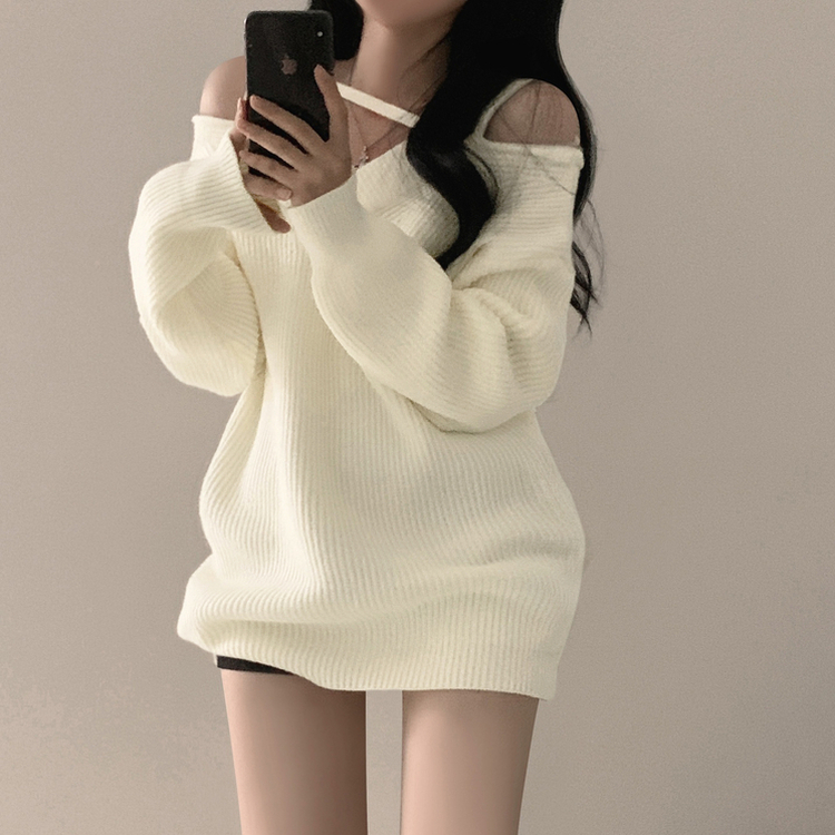 オフショルダーファスナーロングニットワンピース IVORY