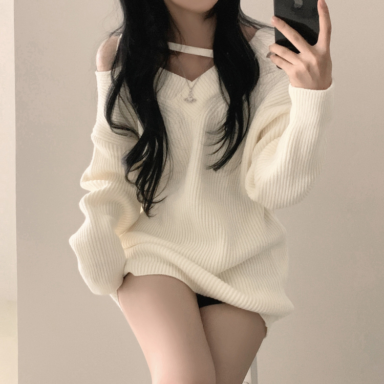 オフショルダーファスナーロングニットワンピース IVORY