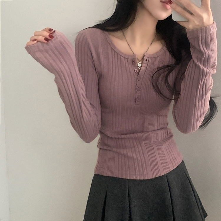 이너블 골지버튼 여리핏 긴팔니트 티셔츠 4color 핑크