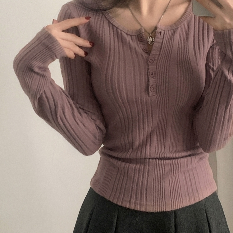 이너블 골지버튼 여리핏 긴팔니트 티셔츠 4color 핑크