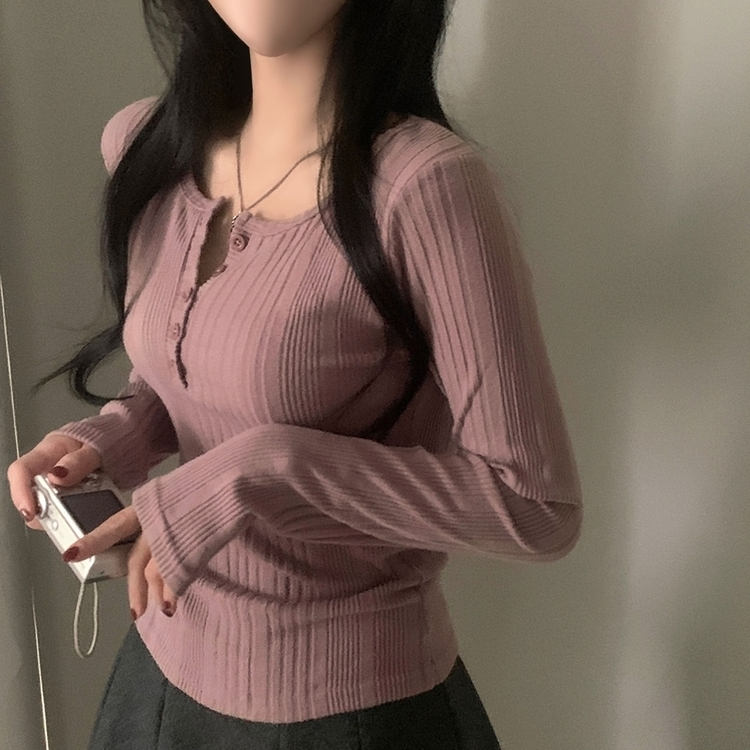 이너블 골지버튼 여리핏 긴팔니트 티셔츠 4color 핑크