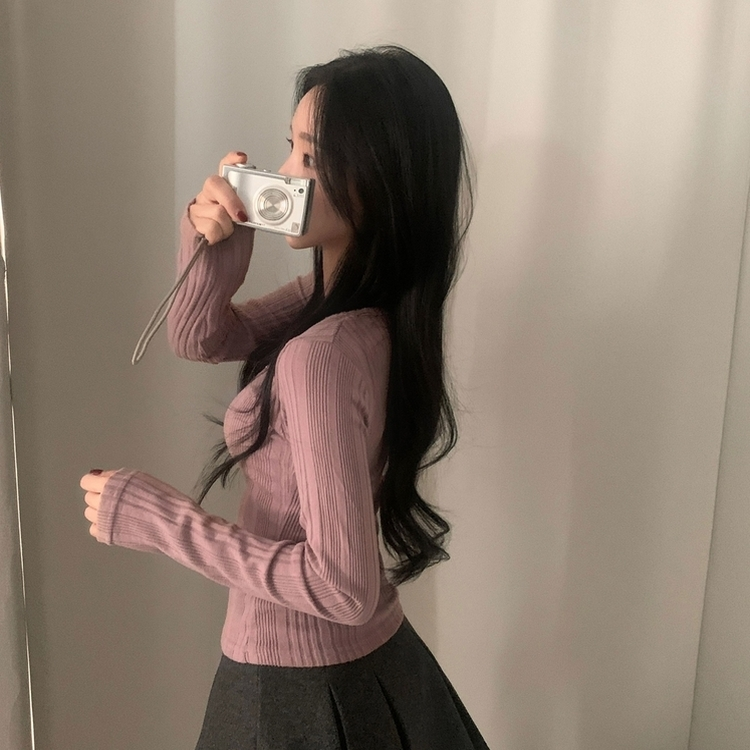 이너블 골지버튼 여리핏 긴팔니트 티셔츠 4color 핑크