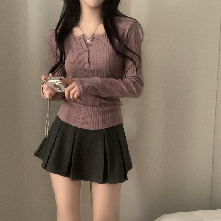 이너블 골지버튼 여리핏 긴팔니트 티셔츠 4color 핑크