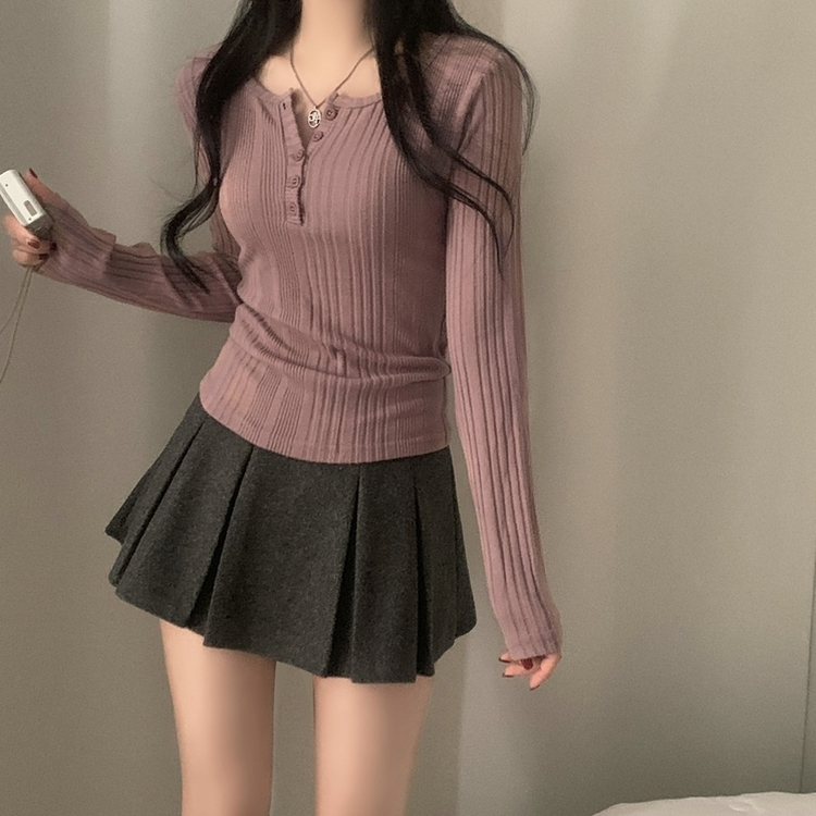 이너블 골지버튼 여리핏 긴팔니트 티셔츠 4color 핑크