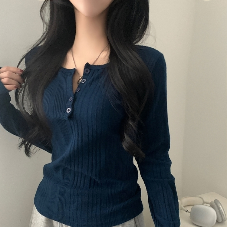 이너블 골지버튼 여리핏 긴팔니트 티셔츠 4color 네이비