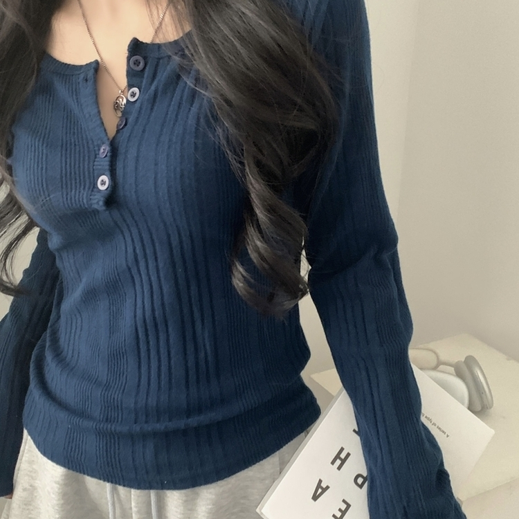 이너블 골지버튼 여리핏 긴팔니트 티셔츠 4color 네이비