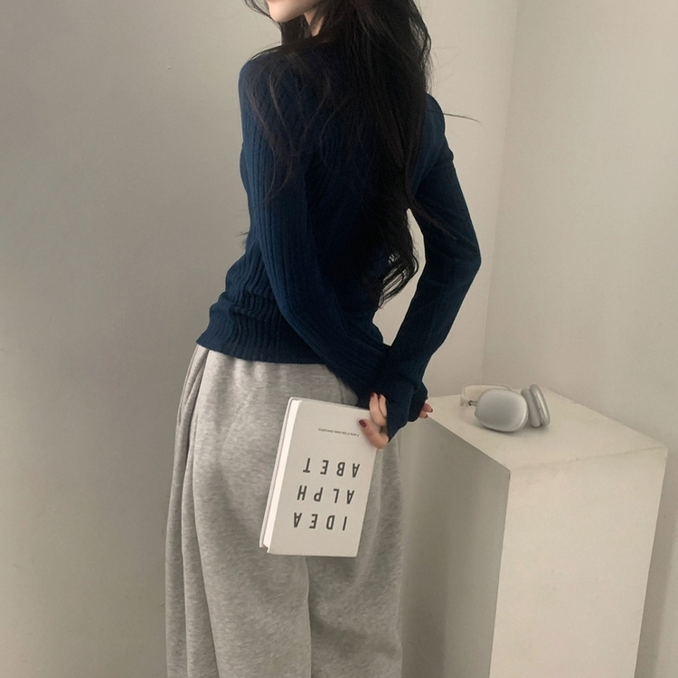 이너블 골지버튼 여리핏 긴팔니트 티셔츠 4color 네이비