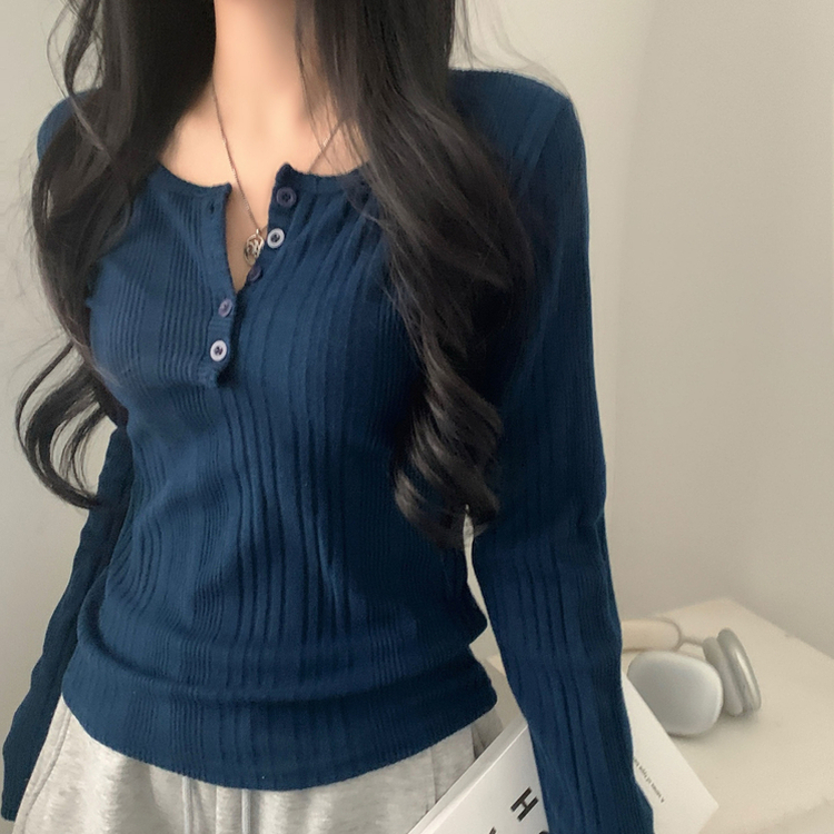 이너블 골지버튼 여리핏 긴팔니트 티셔츠 4color 네이비