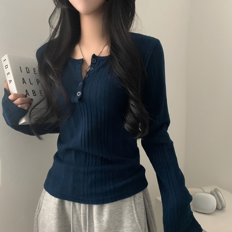 이너블 골지버튼 여리핏 긴팔니트 티셔츠 4color 네이비