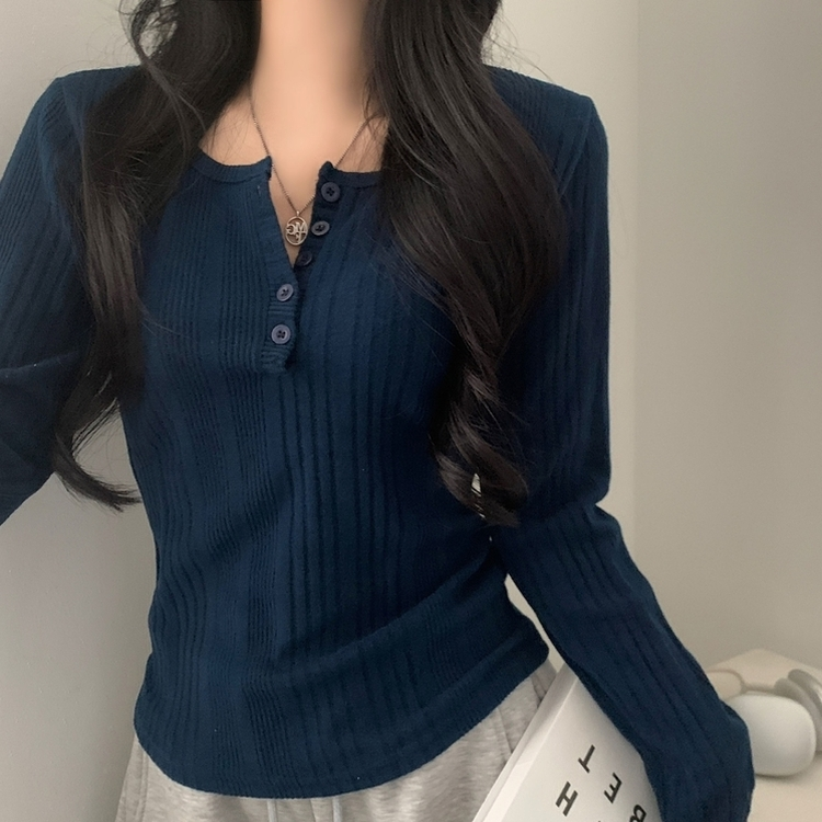 이너블 골지버튼 여리핏 긴팔니트 티셔츠 4color 네이비