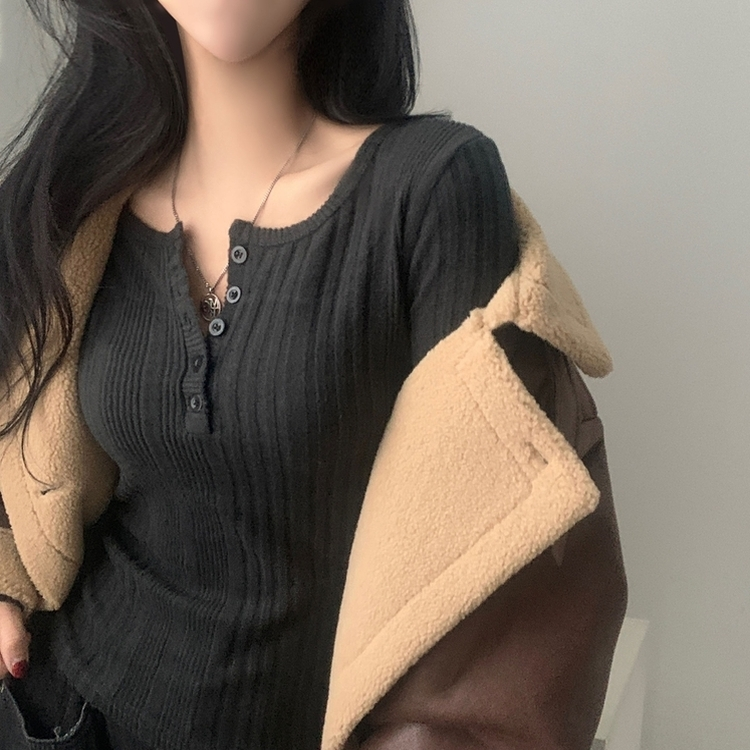 이너블 골지버튼 여리핏 긴팔니트 티셔츠 4color 차콜