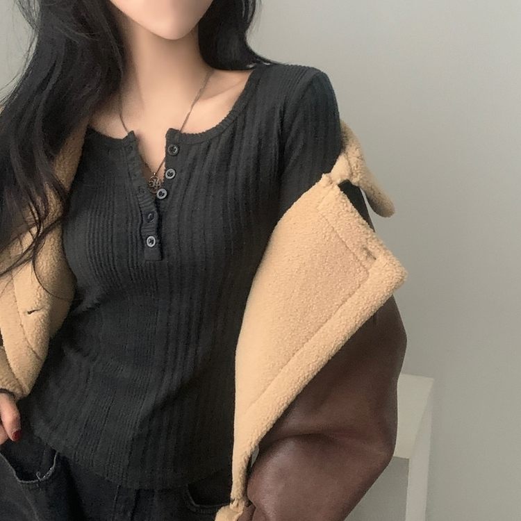 이너블 골지버튼 여리핏 긴팔니트 티셔츠 4color 차콜