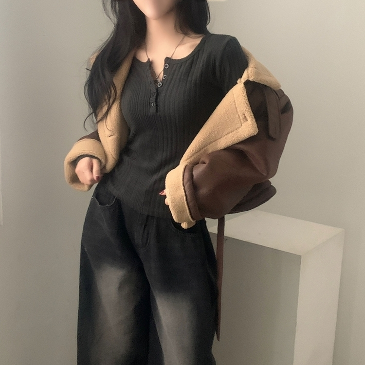 이너블 골지버튼 여리핏 긴팔니트 티셔츠 4color 차콜