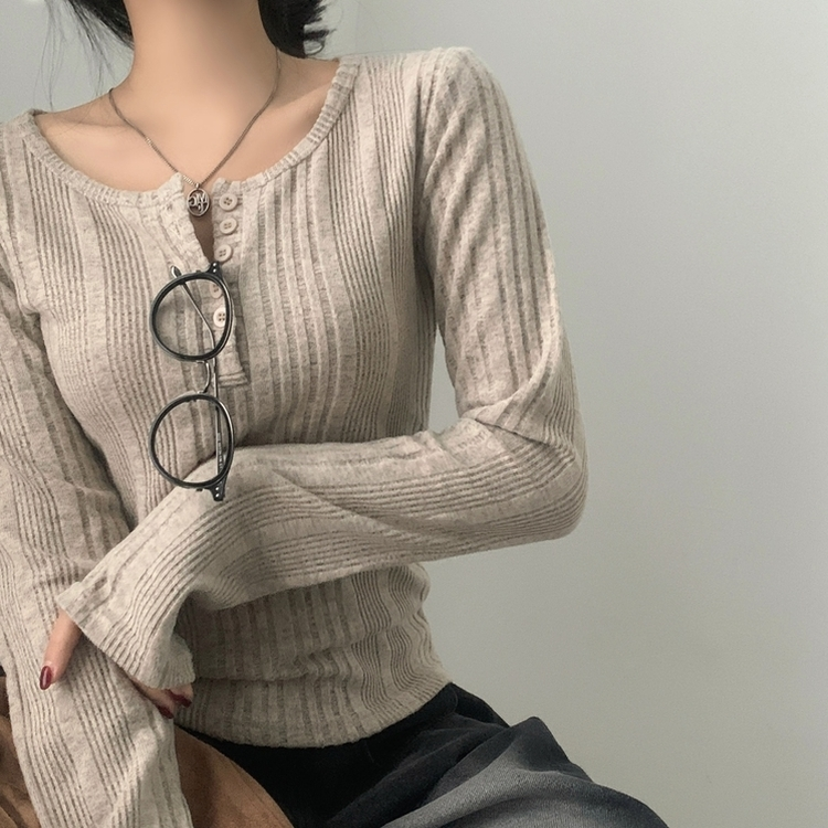 이너블 골지버튼 여리핏 긴팔니트 티셔츠 4color 베이지
