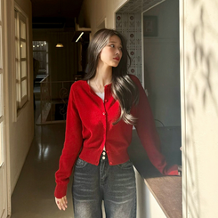 【whiplumXSONA 初コラボ！】 ウール100%ラウンドネック羊毛カーディガン RED