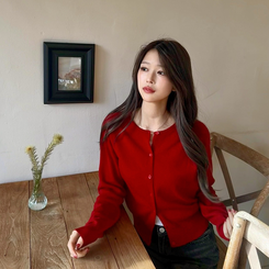 【whiplumXSONA 初コラボ！】 ウール100%ラウンドネック羊毛カーディガン RED