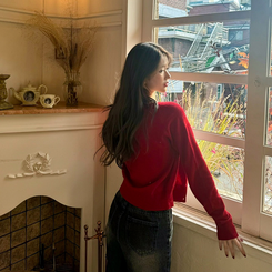 【whiplumXSONA 初コラボ！】 ウール100%ラウンドネック羊毛カーディガン RED