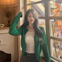 【whiplumXSONA 初コラボ！】 ウール100%ラウンドネック羊毛カーディガン GREEN