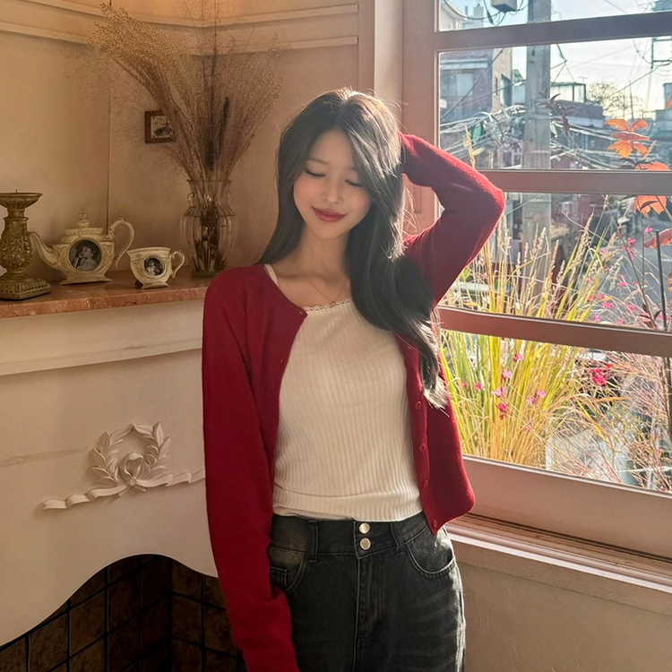 【whiplumXSONA 初コラボ！】 ウール100%ラウンドネック羊毛カーディガン RED