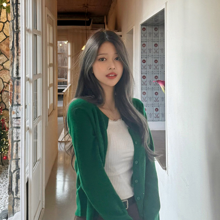 【whiplumXSONA 初コラボ！】 ウール100%ラウンドネック羊毛カーディガン GREEN