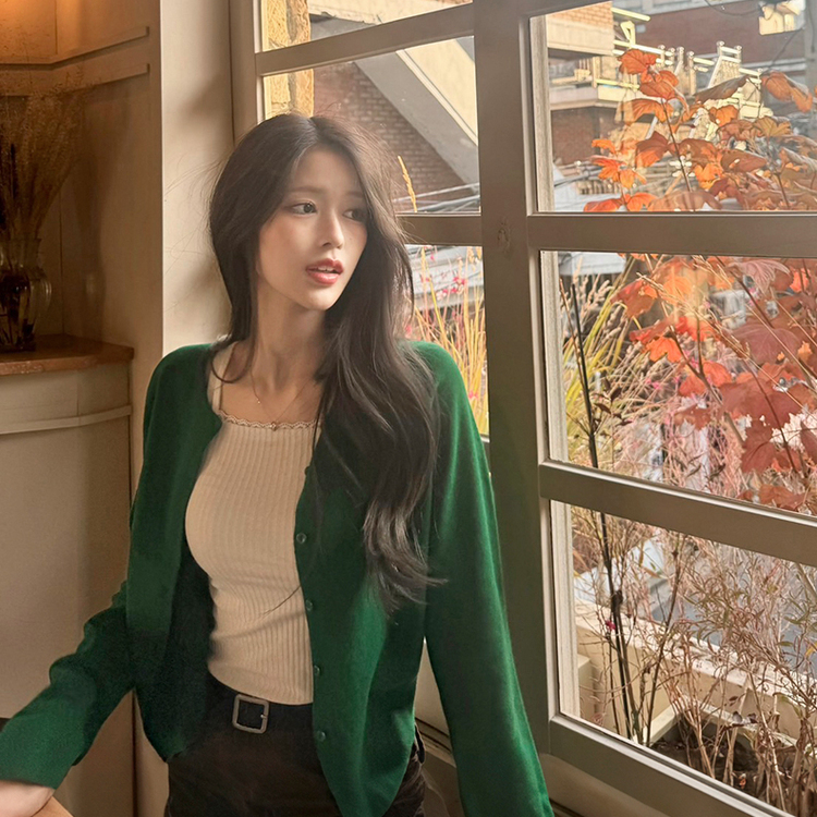 【whiplumXSONA 初コラボ！】 ウール100%ラウンドネック羊毛カーディガン GREEN