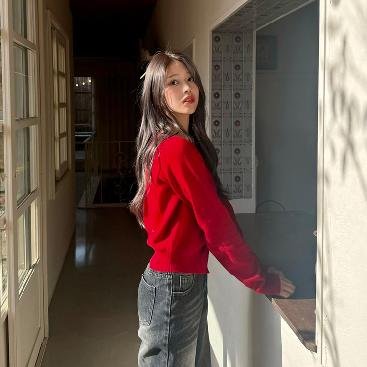 【whiplumXSONA 初コラボ！】 ウール100%ラウンドネック羊毛カーディガン RED