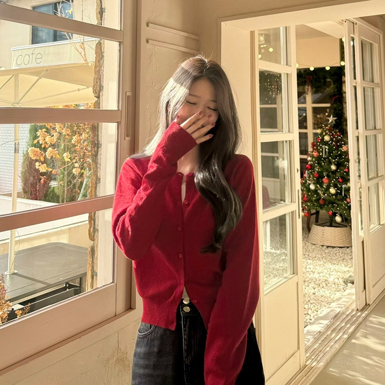 【whiplumXSONA 初コラボ！】 ウール100%ラウンドネック羊毛カーディガン RED