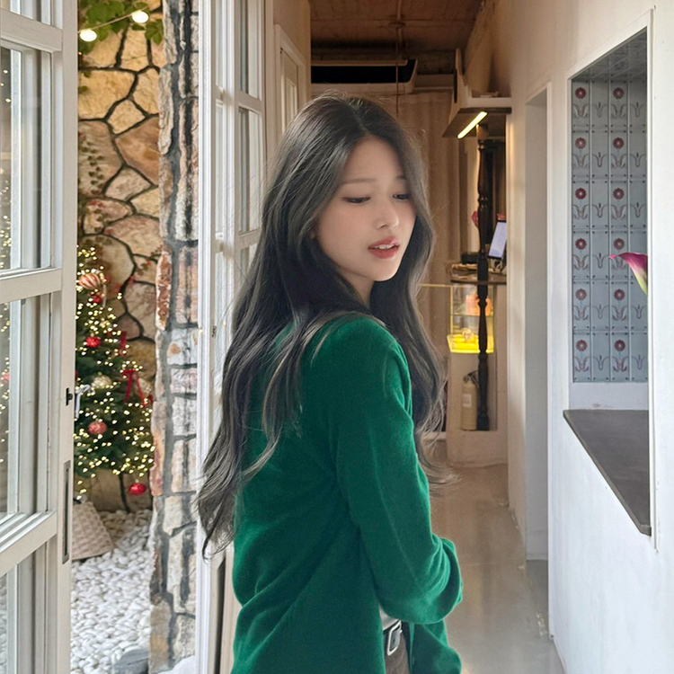 【whiplumXSONA 初コラボ！】 ウール100%ラウンドネック羊毛カーディガン GREEN