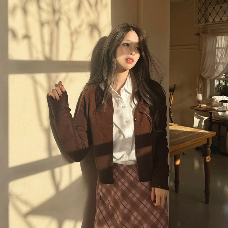 【whiplumXSONA 初コラボ！】 ウール100%ラウンドネック羊毛カーディガン BROWN